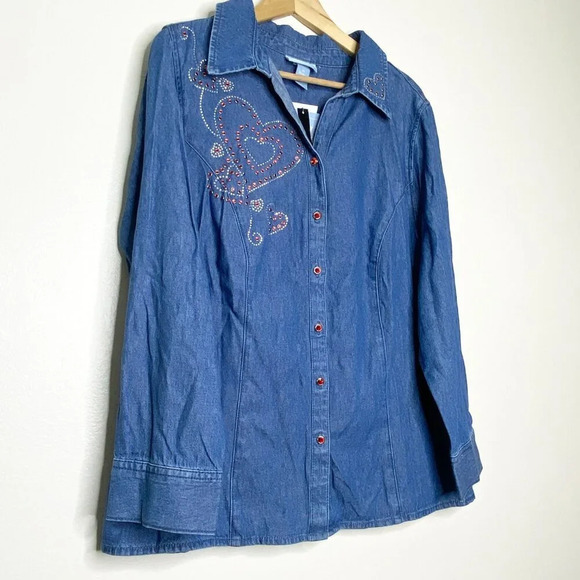 NWT Liz & Me Embellished Chambray Button Down Denim 0X 14/16 Red Hearts Cowgirl - Picture 3 of 14